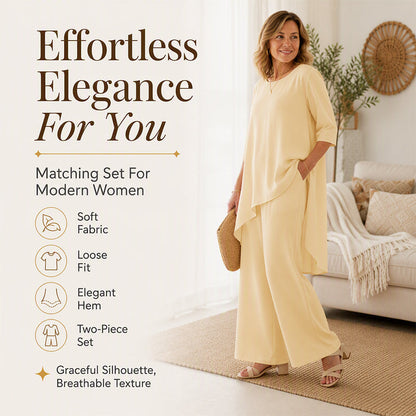 ✨👗Conjunto feminino elegante composto por um top assimétrico e calças de perna larga