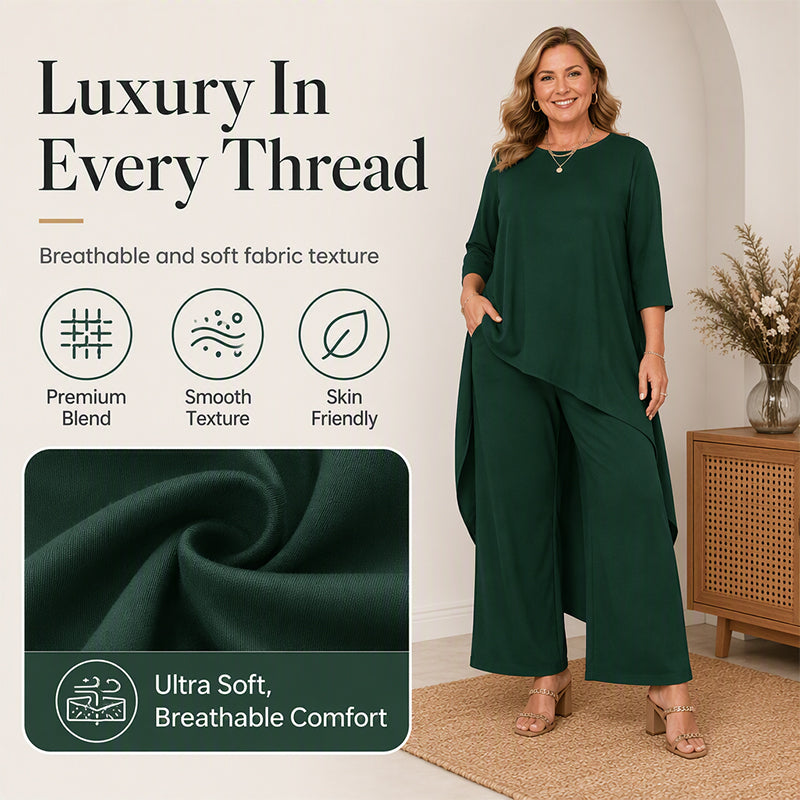 ✨👗Conjunto feminino elegante composto por um top assimétrico e calças de perna larga