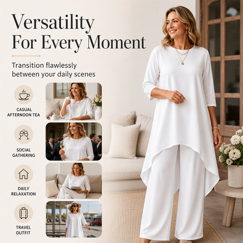 ✨👗Conjunto feminino elegante composto por um top assimétrico e calças de perna larga