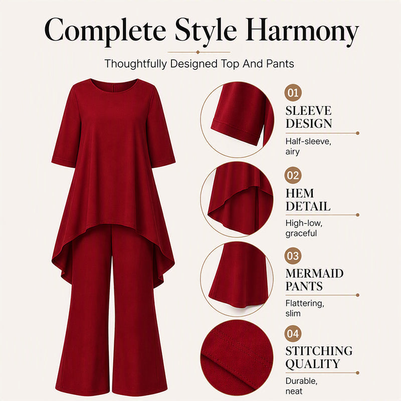 ✨👗Conjunto feminino elegante composto por um top assimétrico e calças de perna larga