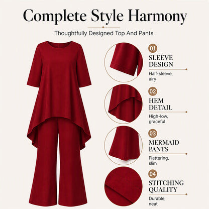 ✨👗Conjunto feminino elegante composto por um top assimétrico e calças de perna larga