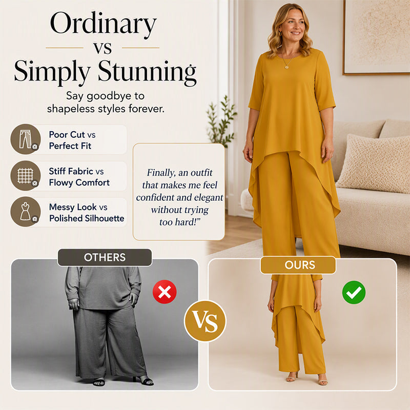 ✨👗Conjunto feminino elegante composto por um top assimétrico e calças de perna larga