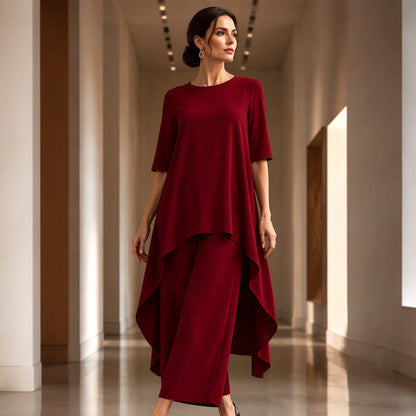 ✨👗Conjunto feminino elegante composto por um top assimétrico e calças de perna larga