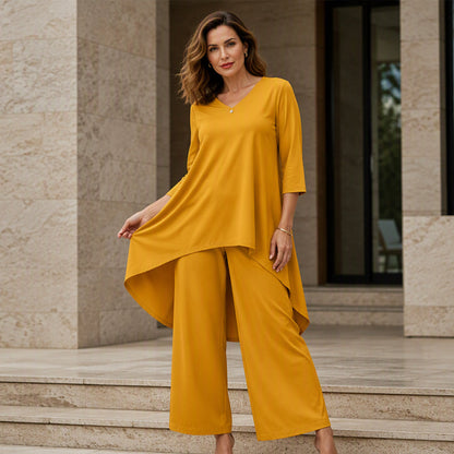 ✨👗Conjunto feminino elegante composto por um top assimétrico e calças de perna larga