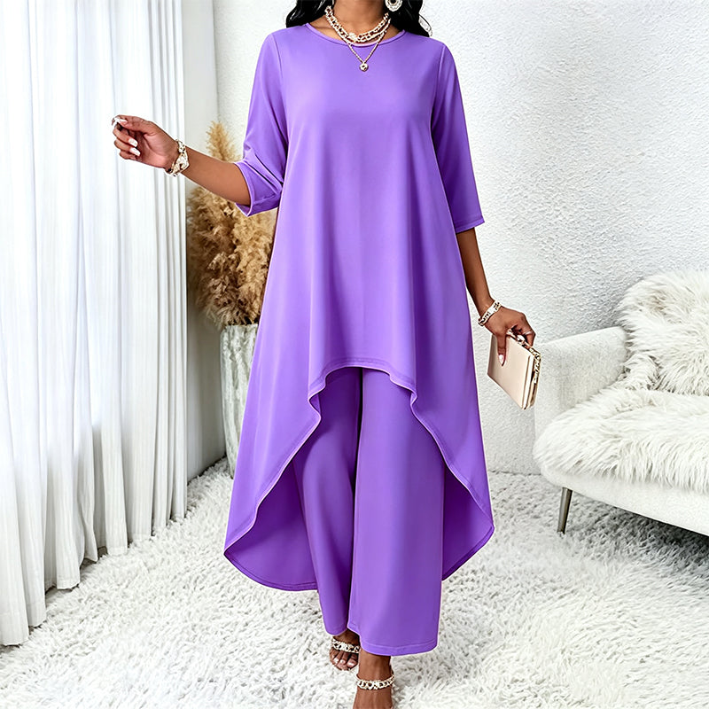 ✨👗Conjunto feminino elegante composto por um top assimétrico e calças de perna larga