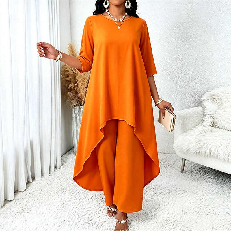 ✨👗Conjunto feminino elegante composto por um top assimétrico e calças de perna larga