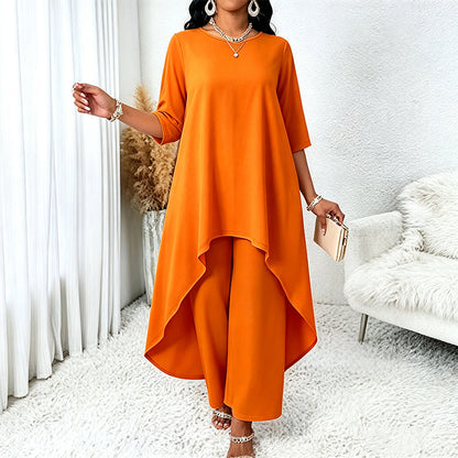 ✨👗Conjunto feminino elegante composto por um top assimétrico e calças de perna larga