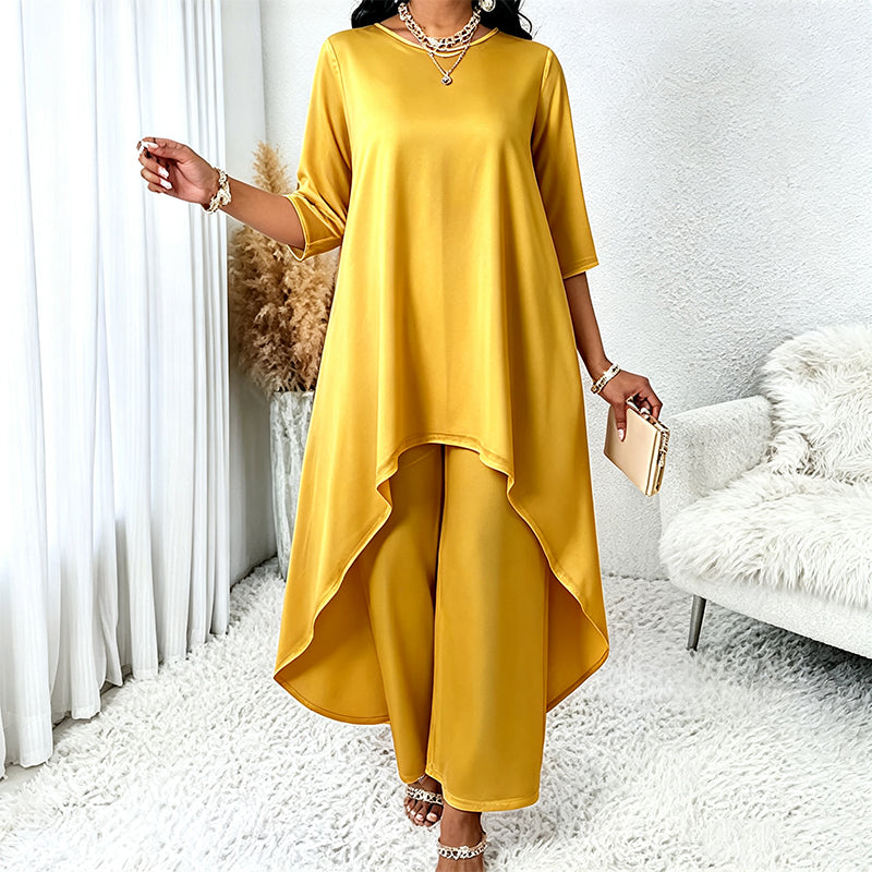 ✨👗Conjunto feminino elegante composto por um top assimétrico e calças de perna larga