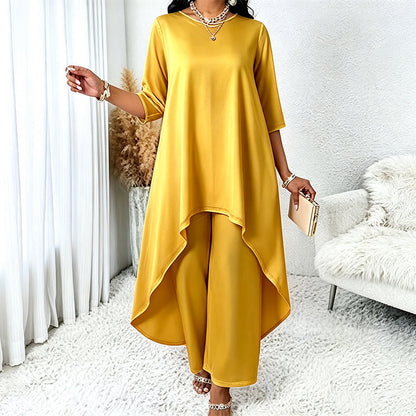 ✨👗Conjunto feminino elegante composto por um top assimétrico e calças de perna larga