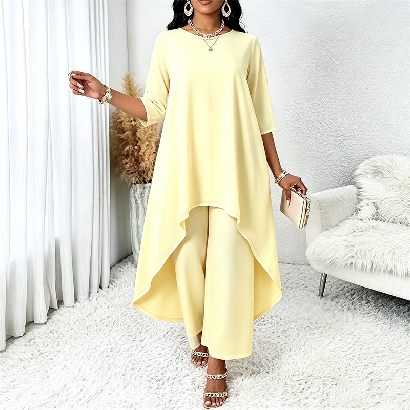 ✨👗Conjunto feminino elegante composto por um top assimétrico e calças de perna larga