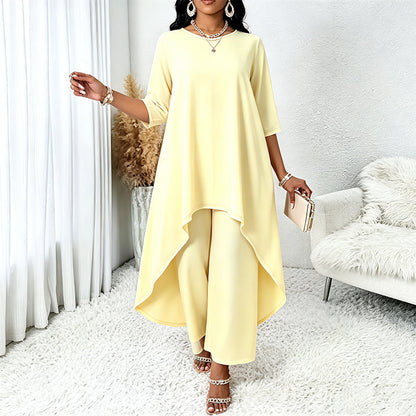 ✨👗Conjunto feminino elegante composto por um top assimétrico e calças de perna larga