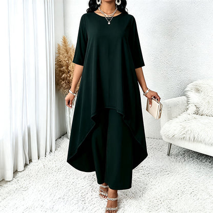 ✨👗Conjunto feminino elegante composto por um top assimétrico e calças de perna larga