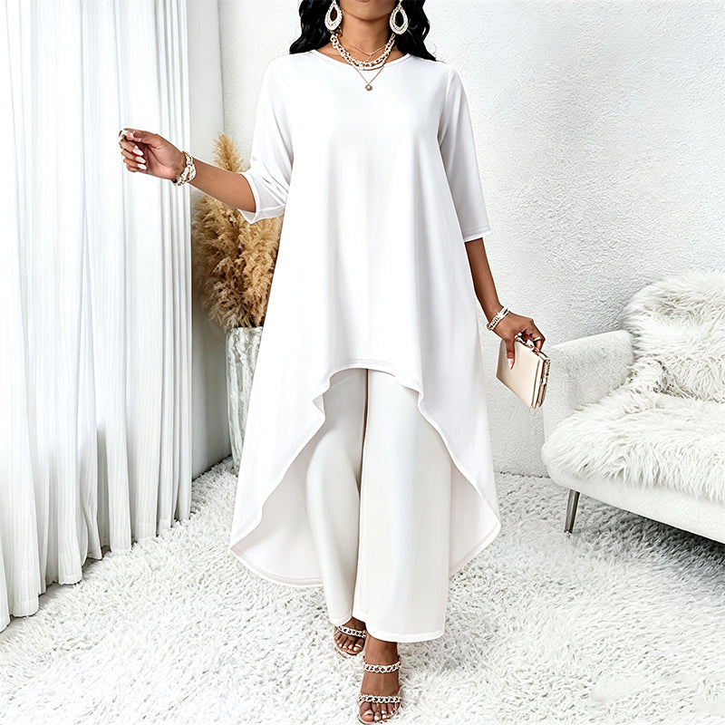 ✨👗Conjunto feminino elegante composto por um top assimétrico e calças de perna larga