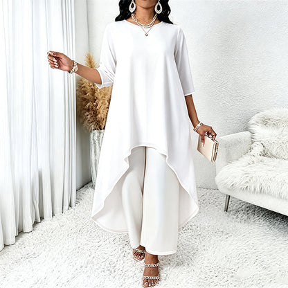 ✨👗Conjunto feminino elegante composto por um top assimétrico e calças de perna larga