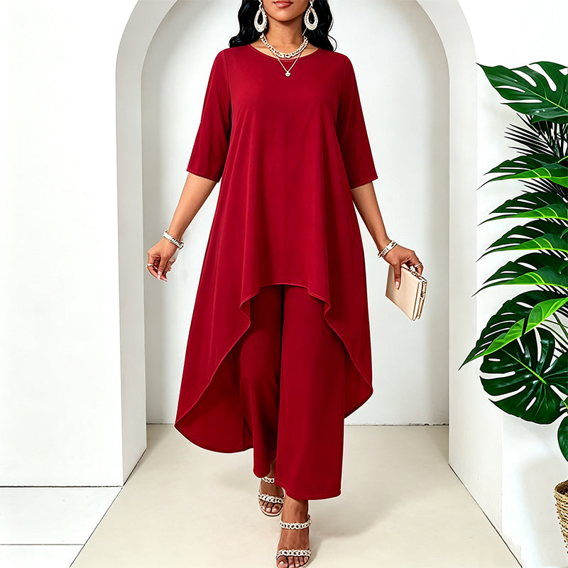 ✨👗Conjunto feminino elegante composto por um top assimétrico e calças de perna larga