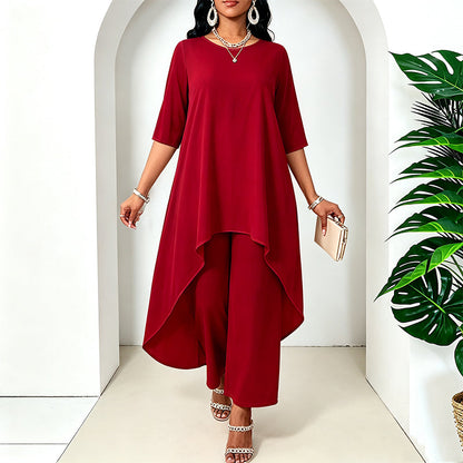 ✨👗Conjunto feminino elegante composto por um top assimétrico e calças de perna larga