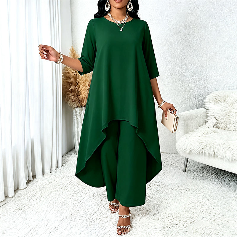✨👗Conjunto feminino elegante composto por um top assimétrico e calças de perna larga