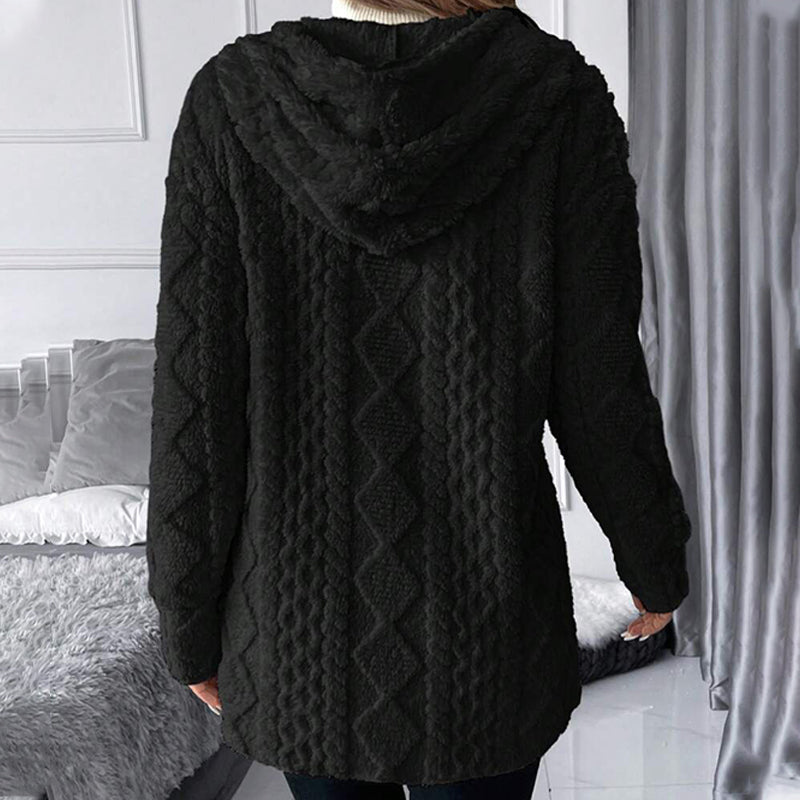 Casaco feminino de comprimento médio, com capuz, acolchoado e felpudo