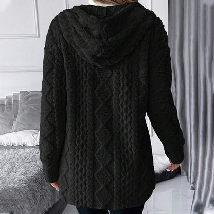 Casaco feminino de comprimento médio, com capuz, acolchoado e felpudo