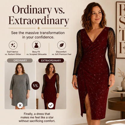 ✨👗Vestido justo brilhante para mulher com mangas em malha