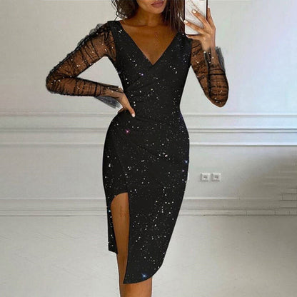 ✨👗Vestido justo brilhante para mulher com mangas em malha