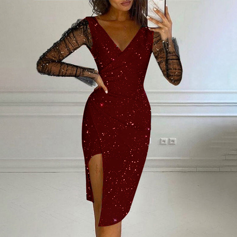 ✨👗Vestido justo brilhante para mulher com mangas em malha