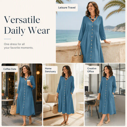 ✨👗Vestido casual feminino com decote em V e bolsos
