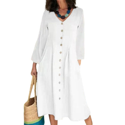 ✨👗Vestido casual feminino com decote em V e bolsos
