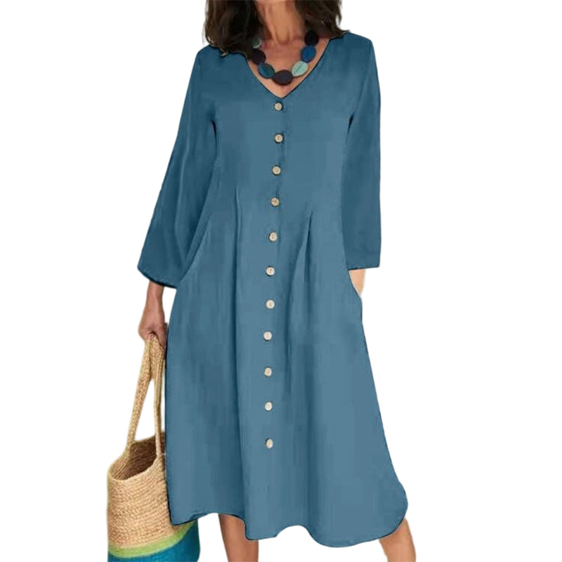 ✨👗Vestido casual feminino com decote em V e bolsos