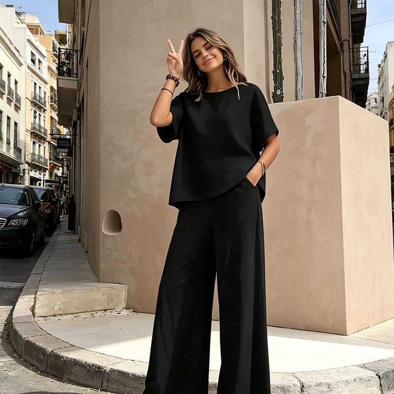 ✨👗Conjunto de top de corte largo e calças de perna larga para mulher