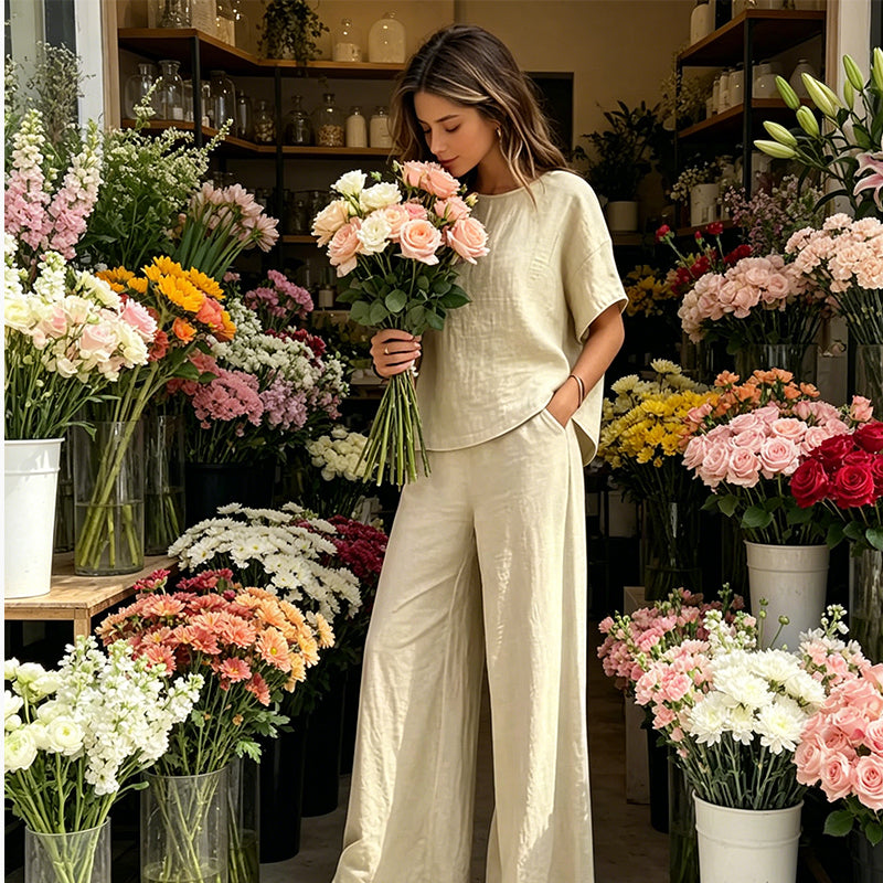 ✨👗Conjunto de top de corte largo e calças de perna larga para mulher