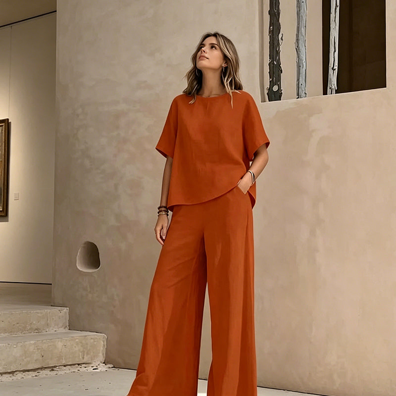 ✨👗Conjunto de top de corte largo e calças de perna larga para mulher