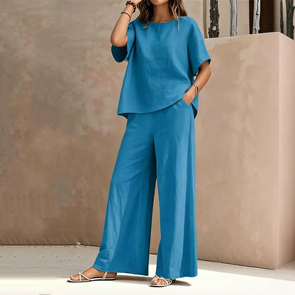 ✨👗Conjunto de top de corte largo e calças de perna larga para mulher