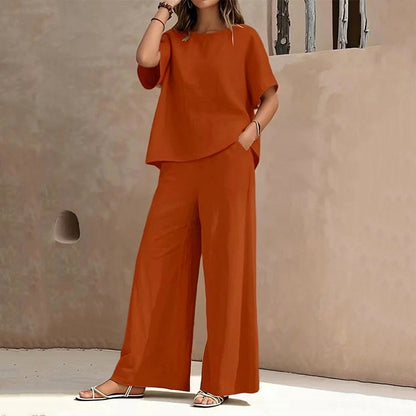 ✨👗Conjunto de top de corte largo e calças de perna larga para mulher