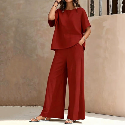 ✨👗Conjunto de top de corte largo e calças de perna larga para mulher