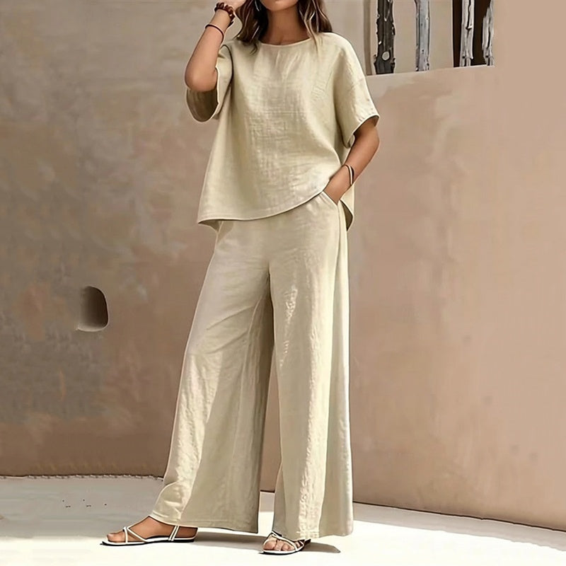 ✨👗Conjunto de top de corte largo e calças de perna larga para mulher