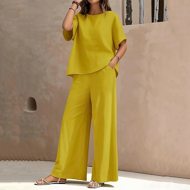 ✨👗Conjunto de top de corte largo e calças de perna larga para mulher