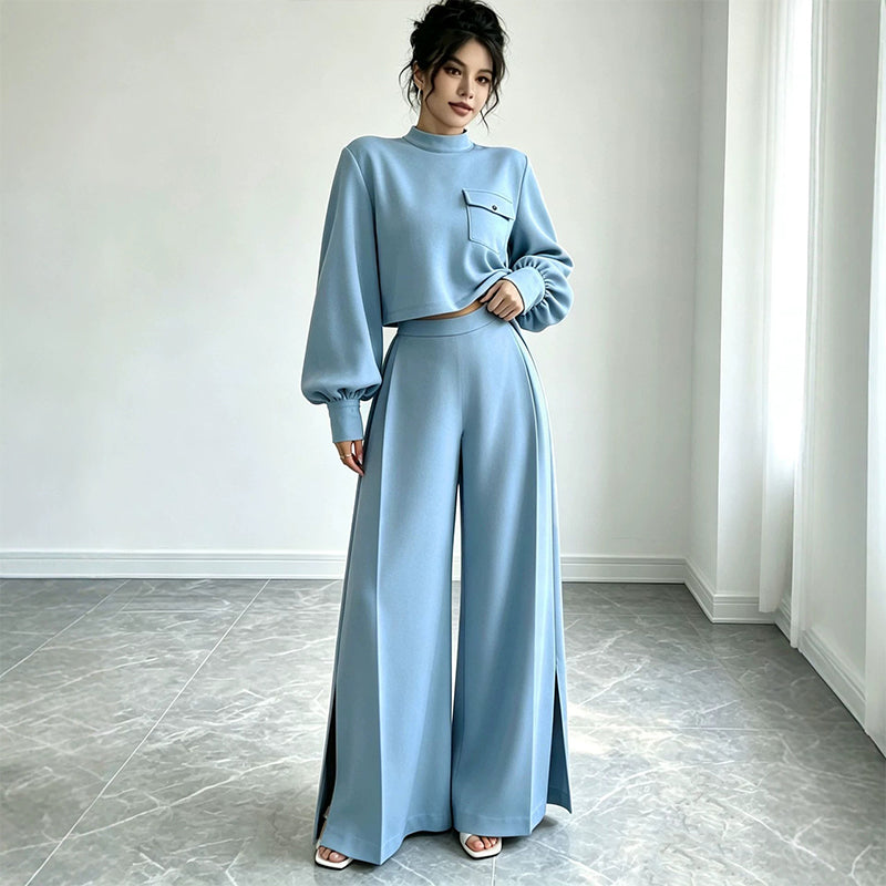 ✨👗Conjunto de top curto casual e calças largas para mulher
