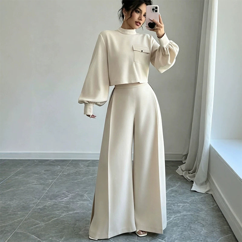 ✨👗Conjunto de top curto casual e calças largas para mulher