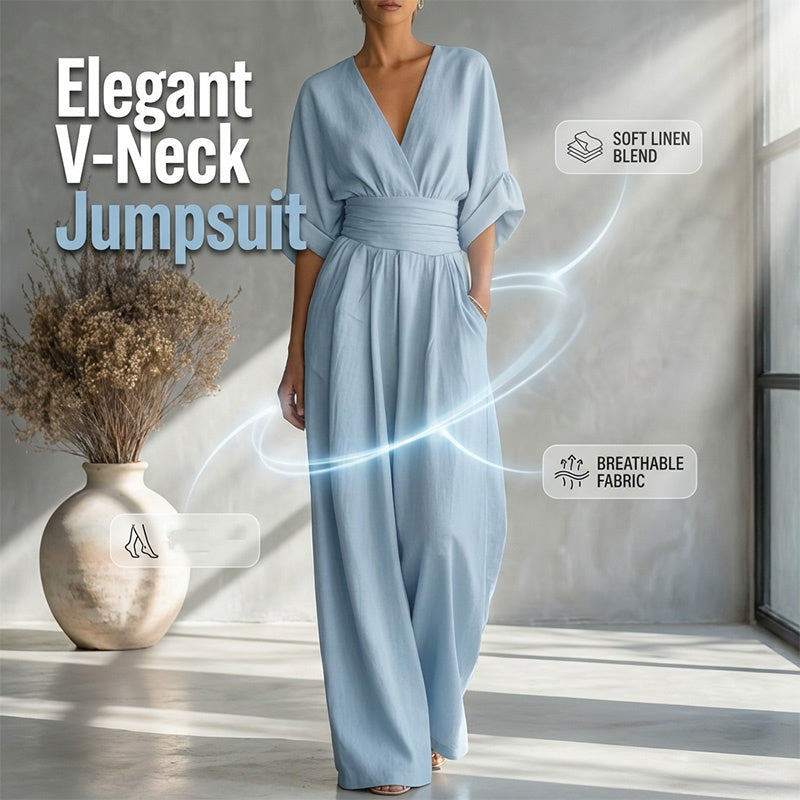 ✨👗 Macacão feminino de decote em V, cintura alta e pernas largas