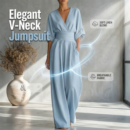 ✨👗 Macacão feminino de decote em V, cintura alta e pernas largas