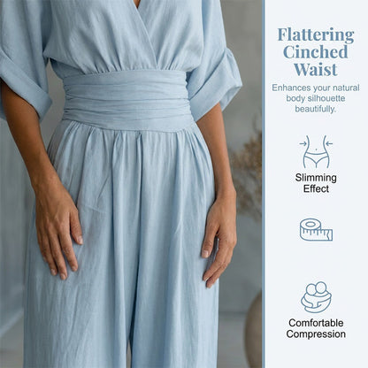 ✨👗 Macacão feminino de decote em V, cintura alta e pernas largas