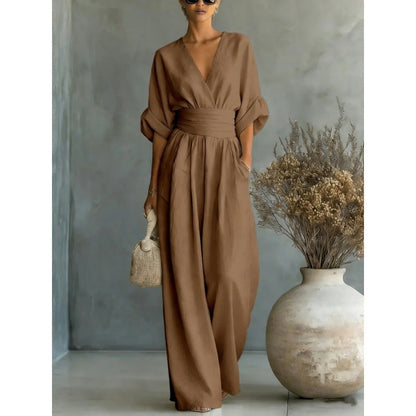 ✨👗 Macacão feminino de decote em V, cintura alta e pernas largas