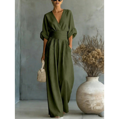✨👗 Macacão feminino de decote em V, cintura alta e pernas largas