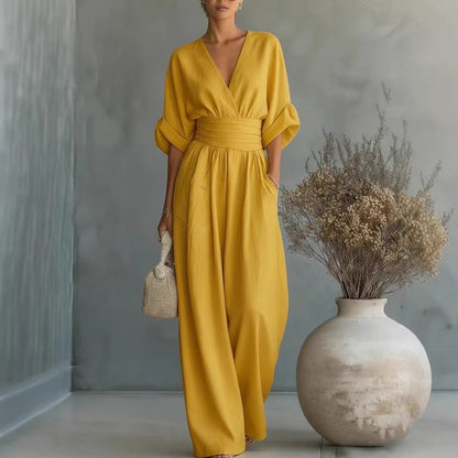 ✨👗 Macacão feminino de decote em V, cintura alta e pernas largas