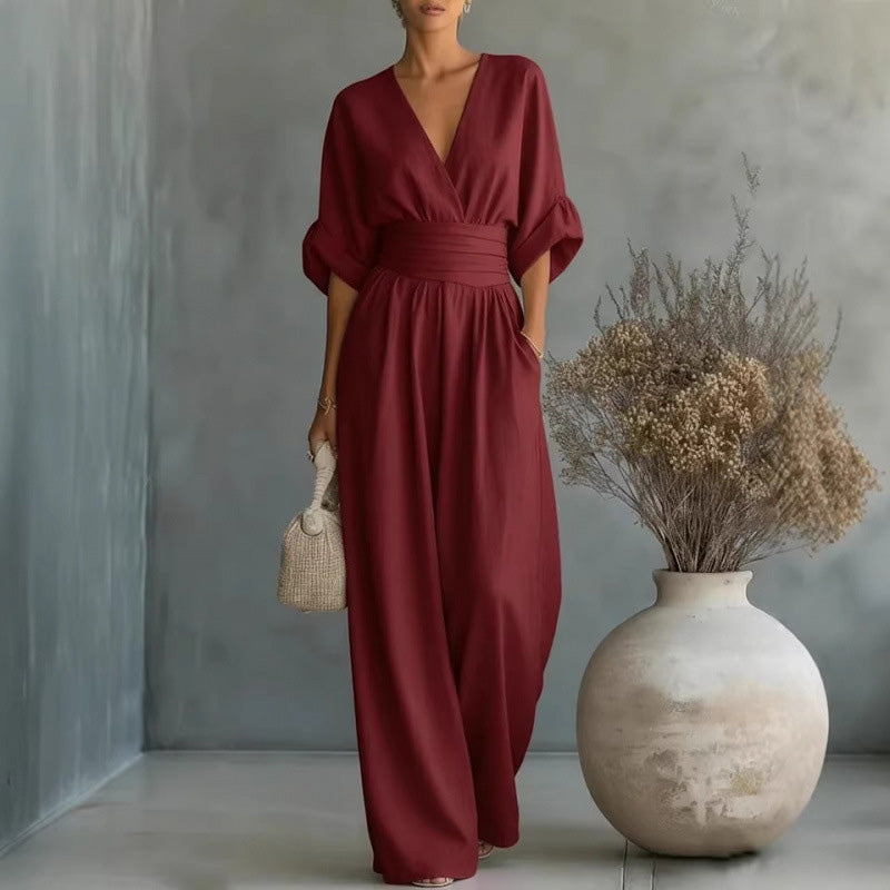 ✨👗 Macacão feminino de decote em V, cintura alta e pernas largas