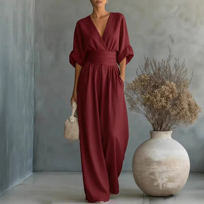 ✨👗 Macacão feminino de decote em V, cintura alta e pernas largas