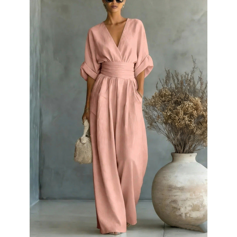 ✨👗 Macacão feminino de decote em V, cintura alta e pernas largas
