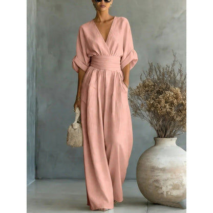 ✨👗 Macacão feminino de decote em V, cintura alta e pernas largas