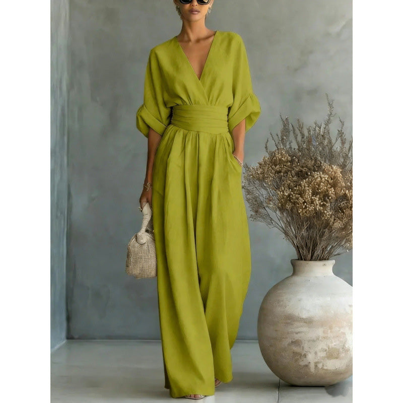 ✨👗 Macacão feminino de decote em V, cintura alta e pernas largas
